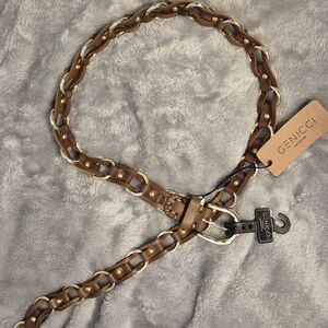GENICCI Brown Leather Chain Belt with Gold and Silver Accents.